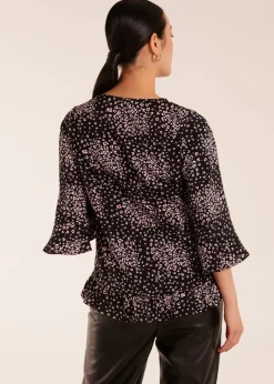 Blue Vanilla Black Button Front V Neck Flounce Blouse