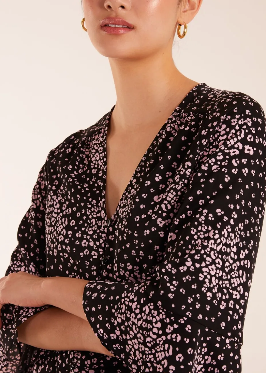 Blue Vanilla Black Button Front V Neck Flounce Blouse