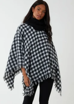 Blue Vanilla Black Check Roll Neck Poncho