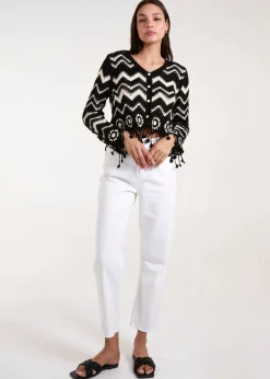 Blue Vanilla Black Crochet Zig Zag Tassel Detailed Button Front Cardigan