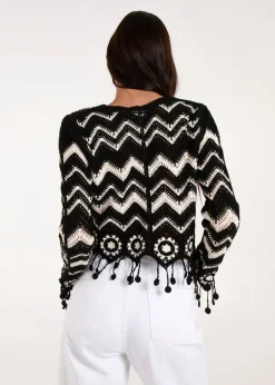 Blue Vanilla Black Crochet Zig Zag Tassel Detailed Button Front Cardigan
