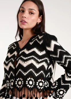 Blue Vanilla Black Crochet Zig Zag Tassel Detailed Button Front Cardigan