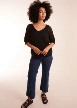 Blue Vanilla Black Crochet Lace V Neck Top