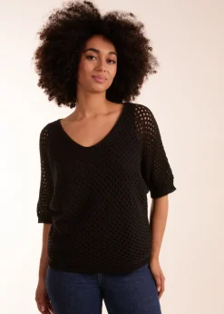 Blue Vanilla Black Crochet Lace V Neck Top