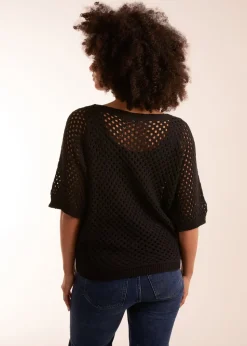 Blue Vanilla Black Crochet Lace V Neck Top