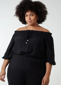 Blue Vanilla Black Curve Bardot Tie Front Top