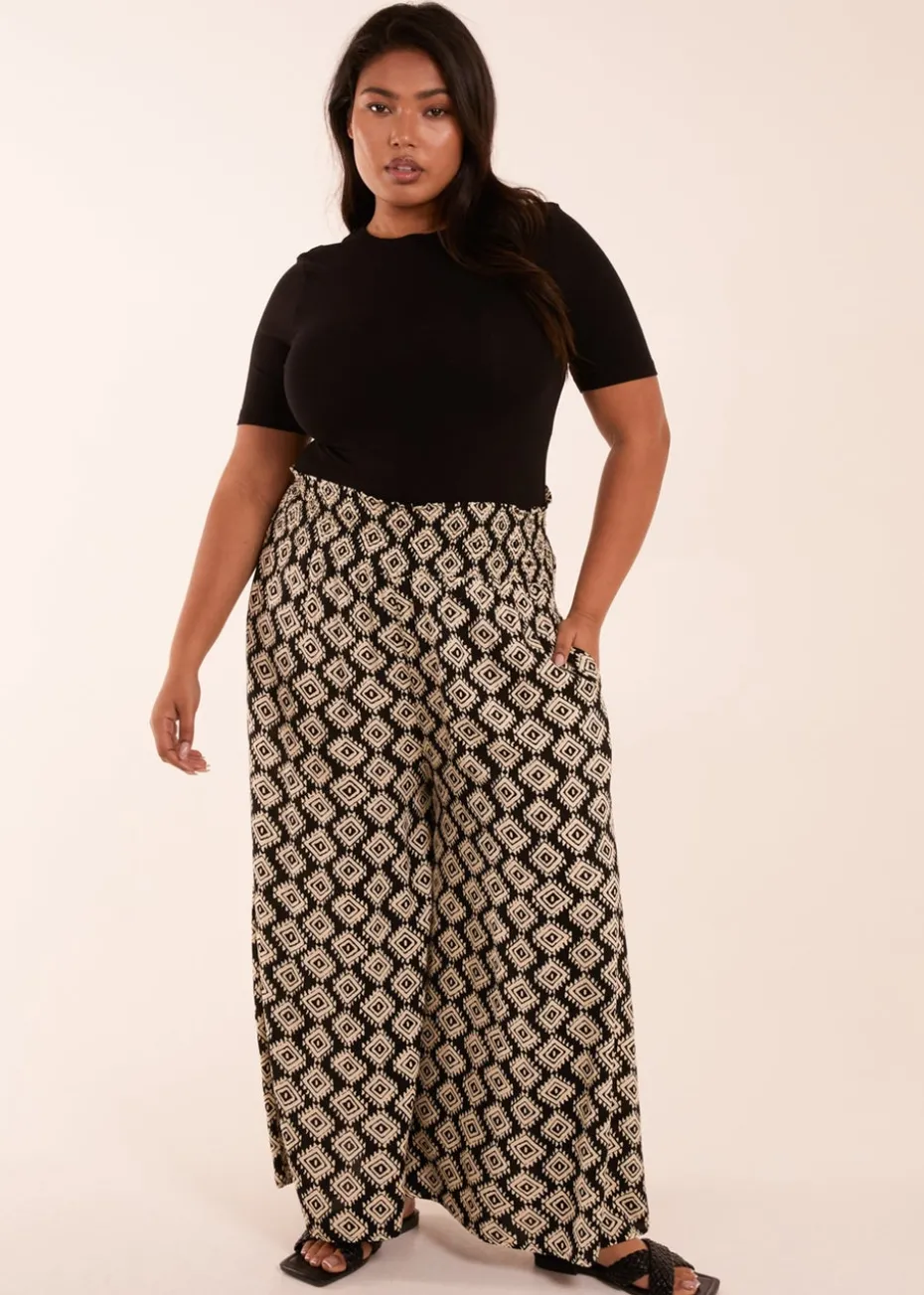 Blue Vanilla Black Curve Shirred Wide Leg Aztec Trouser