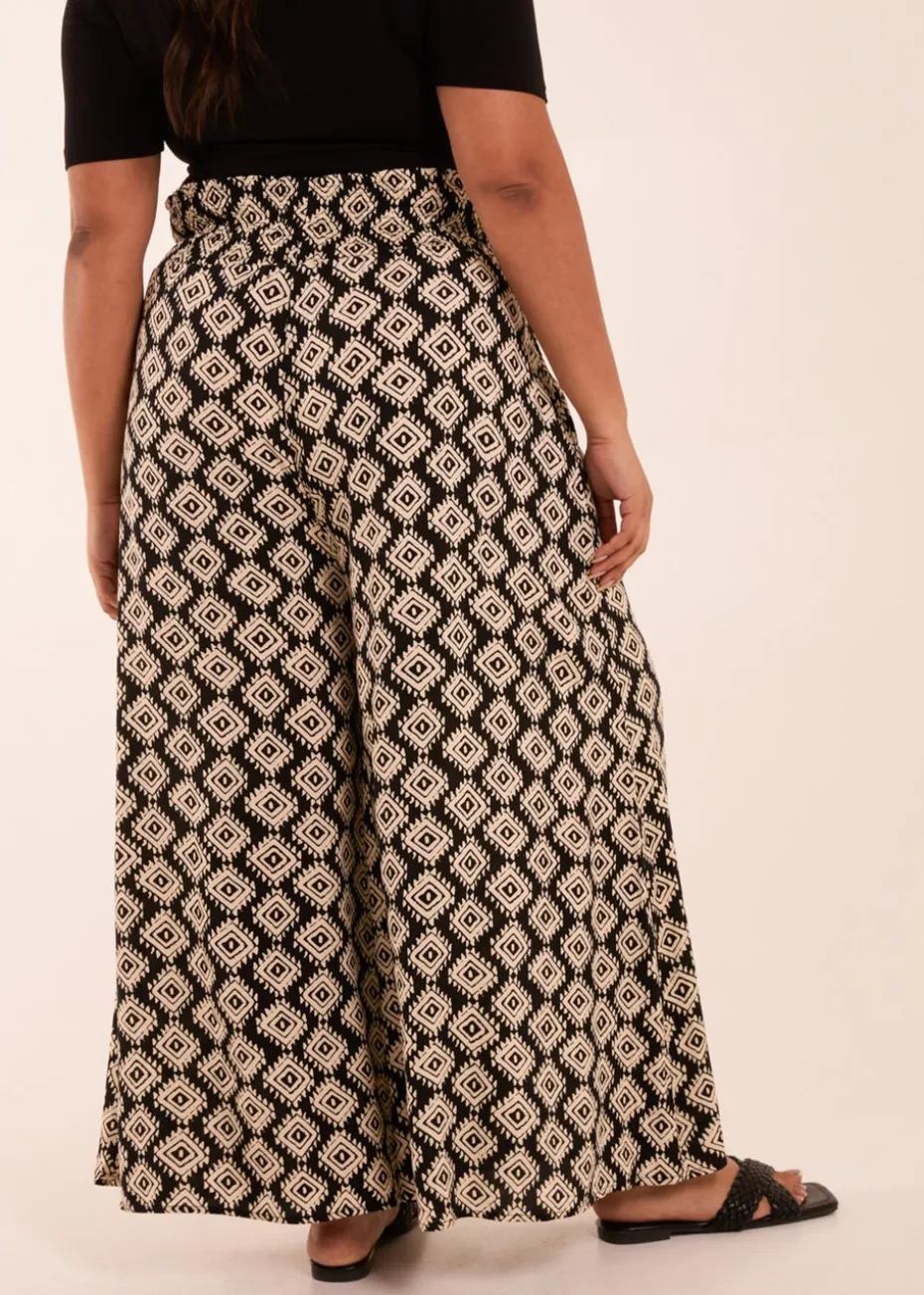 Blue Vanilla Black Curve Shirred Wide Leg Aztec Trouser