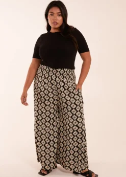 Blue Vanilla Black Curve Shirred Wide Leg Aztec Trouser