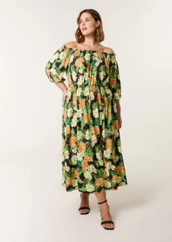 Blue Vanilla Black Curve Bardot Elasticated Midi Dress