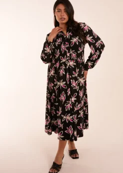 Blue Vanilla Black Curve Shirred Bust Long Sleeve Midi Shirt Dress