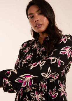 Blue Vanilla Black Curve Shirred Bust Long Sleeve Midi Shirt Dress