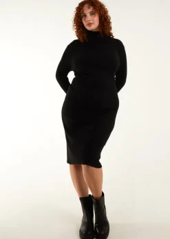 Blue Vanilla Black Curve Ribbed Roll Neck Midi Dress