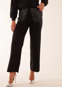 Blue Vanilla Black Diamante Knitted Flared Trousers