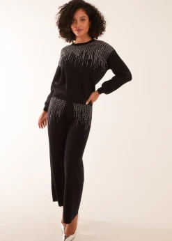 Blue Vanilla Black Diamante Knitted Flared Trousers