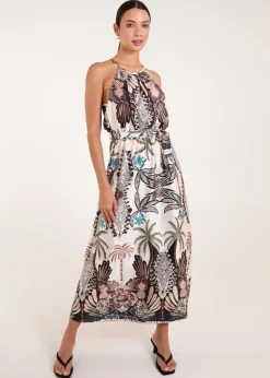 Blue Vanilla Black Halter Neck Satin Belted Midi Dress