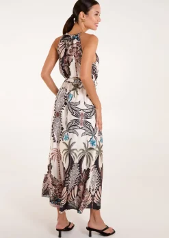 Blue Vanilla Black Halter Neck Satin Belted Midi Dress