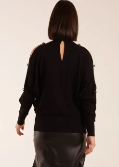 Blue Vanilla Black High Neck Heart Diamante Cold Shoulder Jumper