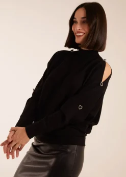 Blue Vanilla Black High Neck Heart Diamante Cold Shoulder Jumper