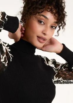 Blue Vanilla Black Lace Sleeve High Neck Jumper