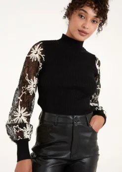 Blue Vanilla Black Lace Sleeve High Neck Jumper