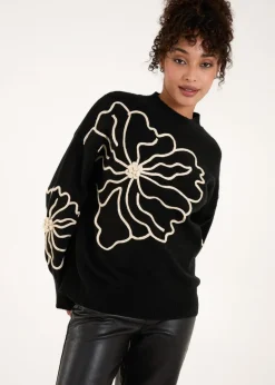 Blue Vanilla Black Large Flower Embroidery Jumper