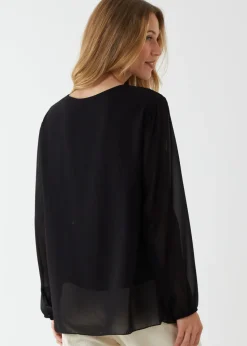 Blue Vanilla Black Long Sleeve Pleated Top