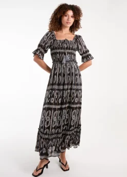 Blue Vanilla Black Milkmaid Shirred Square Neck Midi Dress