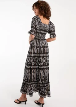 Blue Vanilla Black Milkmaid Shirred Square Neck Midi Dress