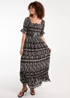 Blue Vanilla Black Milkmaid Shirred Square Neck Midi Dress
