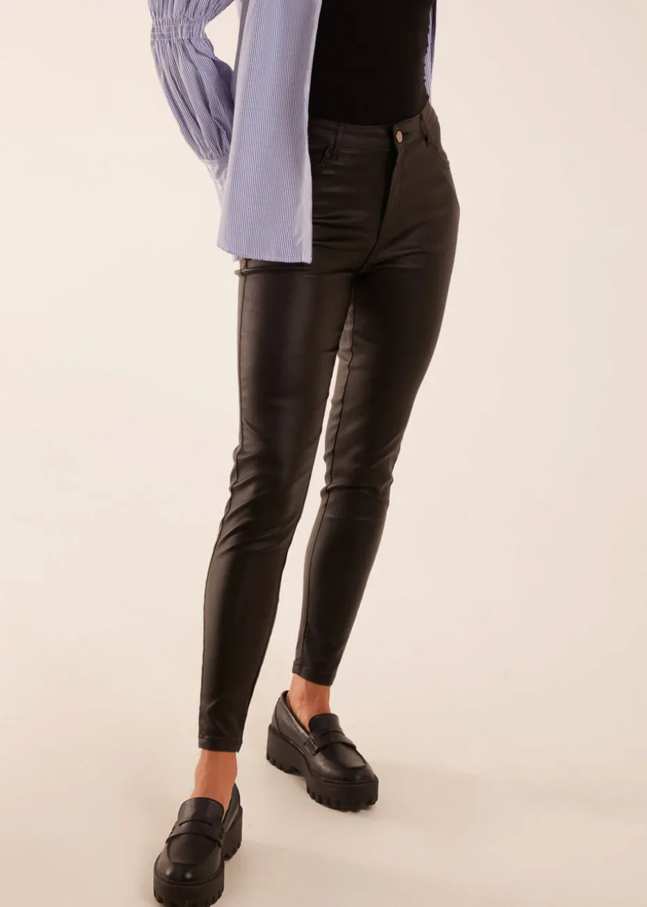 Blue Vanilla Black PU Mid Rise Coated Skinny Jeans