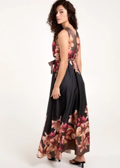 Blue Vanilla Black Satin Print Double V Wrap Dress