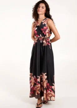 Blue Vanilla Black Satin Print Double V Wrap Dress