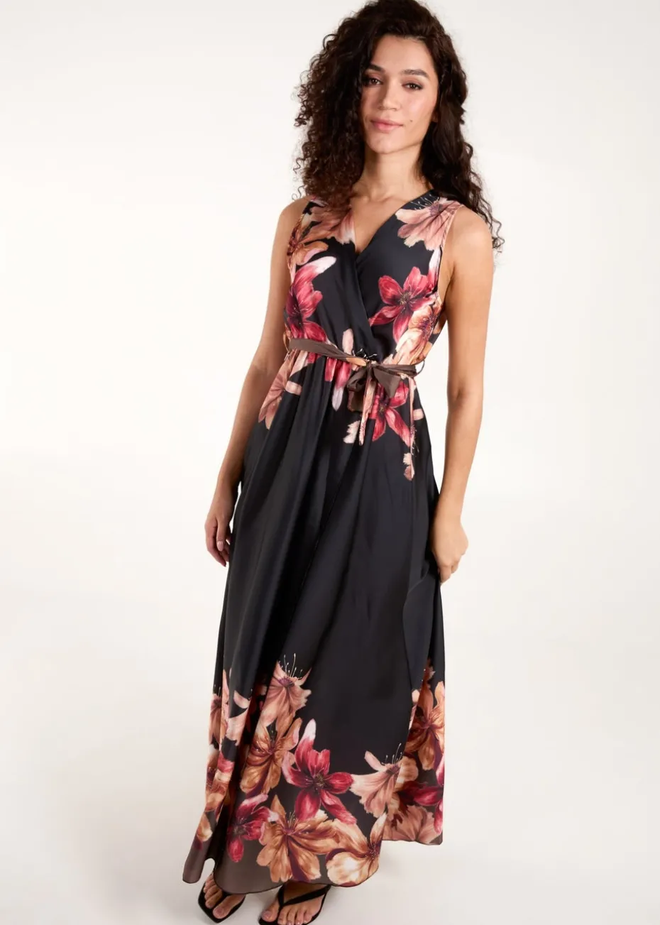 Blue Vanilla Black Satin Print Double V Wrap Dress