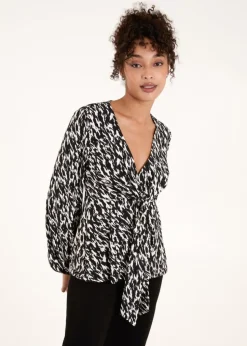 Blue Vanilla Black/White Wrap Front Tie Back Top