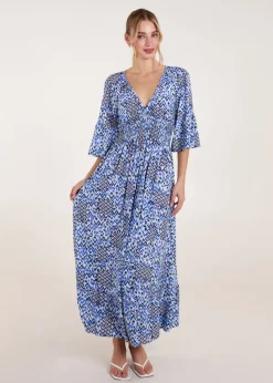 Blue Vanilla Blue Abstract Elasticated Neck Shirred Waist Maxi Dress