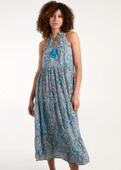 Blue Vanilla Blue Art Silk Tie Neck Smock Maxi Dress