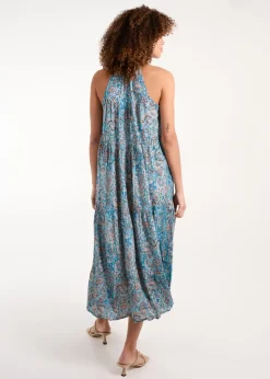 Blue Vanilla Blue Art Silk Tie Neck Smock Maxi Dress