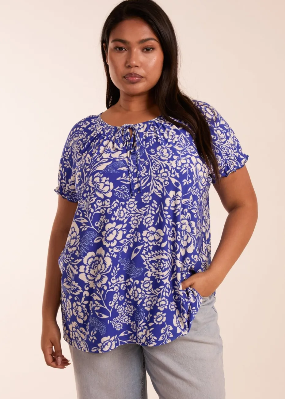 Blue Vanilla Blue Curve Shirred Sleeve Tie Front Top