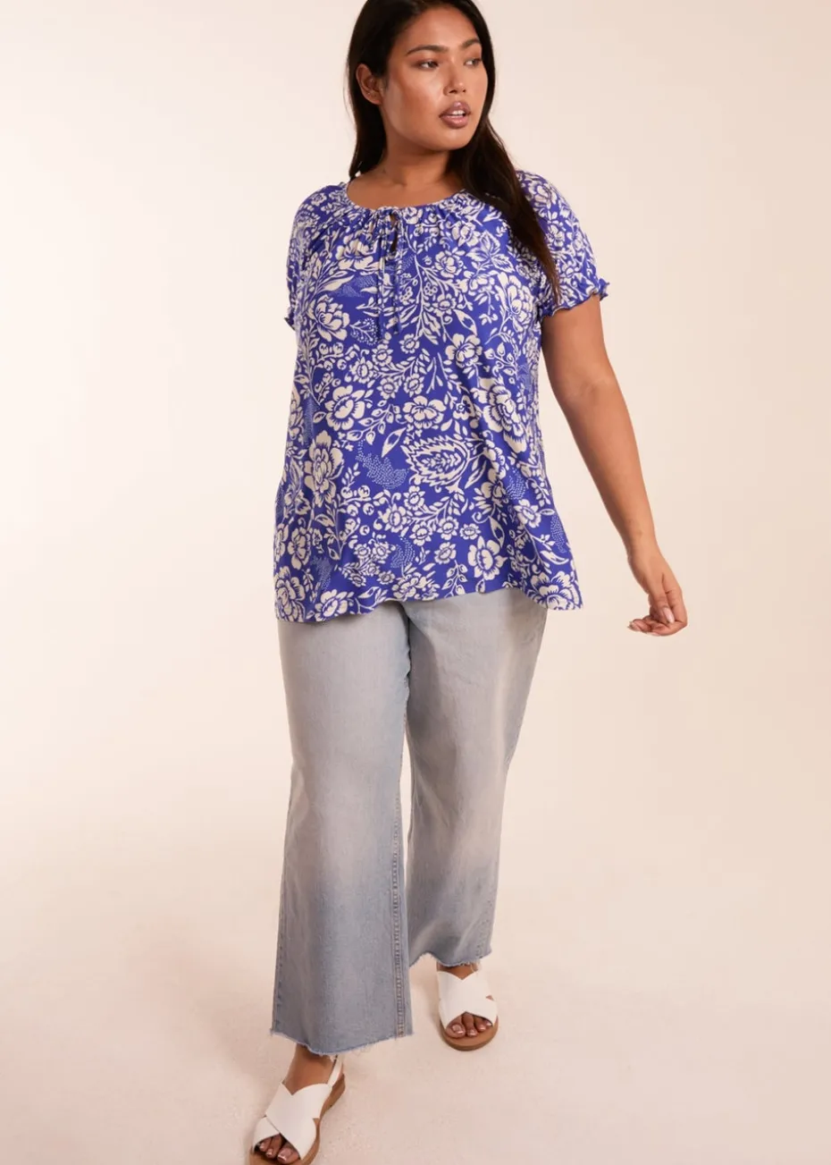 Blue Vanilla Blue Curve Shirred Sleeve Tie Front Top