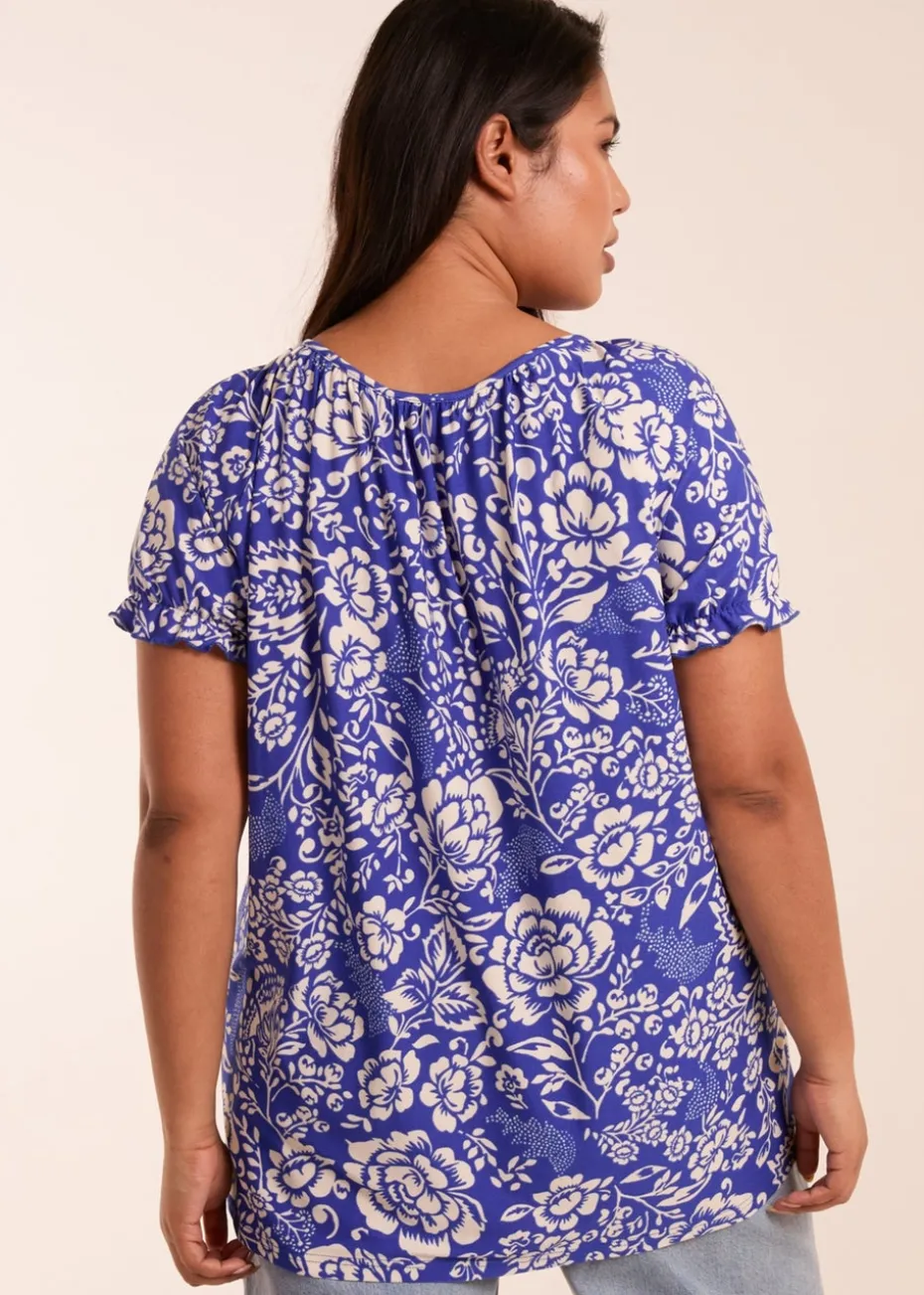 Blue Vanilla Blue Curve Shirred Sleeve Tie Front Top