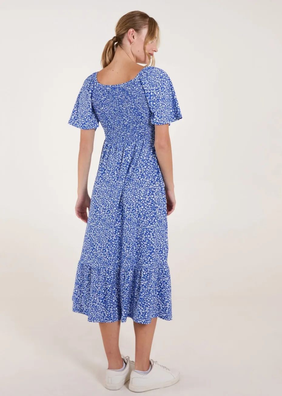 Blue Vanilla Blue Ditsy Floral Tie Front Shirred Waist Midi Dress