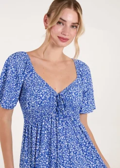 Blue Vanilla Blue Ditsy Floral Tie Front Shirred Waist Midi Dress