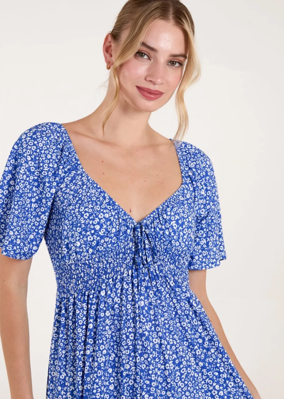 Blue Vanilla Blue Ditsy Floral Tie Front Shirred Waist Midi Dress