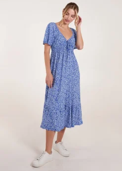 Blue Vanilla Blue Ditsy Floral Tie Front Shirred Waist Midi Dress