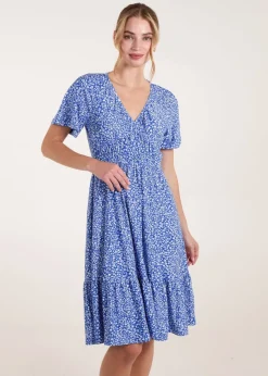 Blue Vanilla Blue Ditsy Printed Angel Sleeve Elasticated V Neck Dress