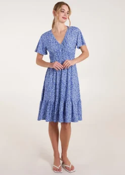 Blue Vanilla Blue Ditsy Printed Angel Sleeve Elasticated V Neck Dress