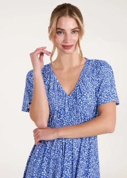 Blue Vanilla Blue Ditsy Printed Angel Sleeve Elasticated V Neck Dress