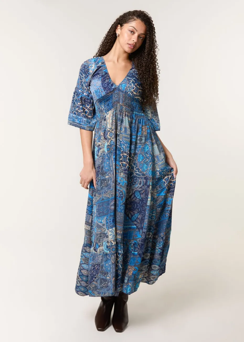 Blue Vanilla Blue Embellished Sleeve V Neck Maxi Dress
