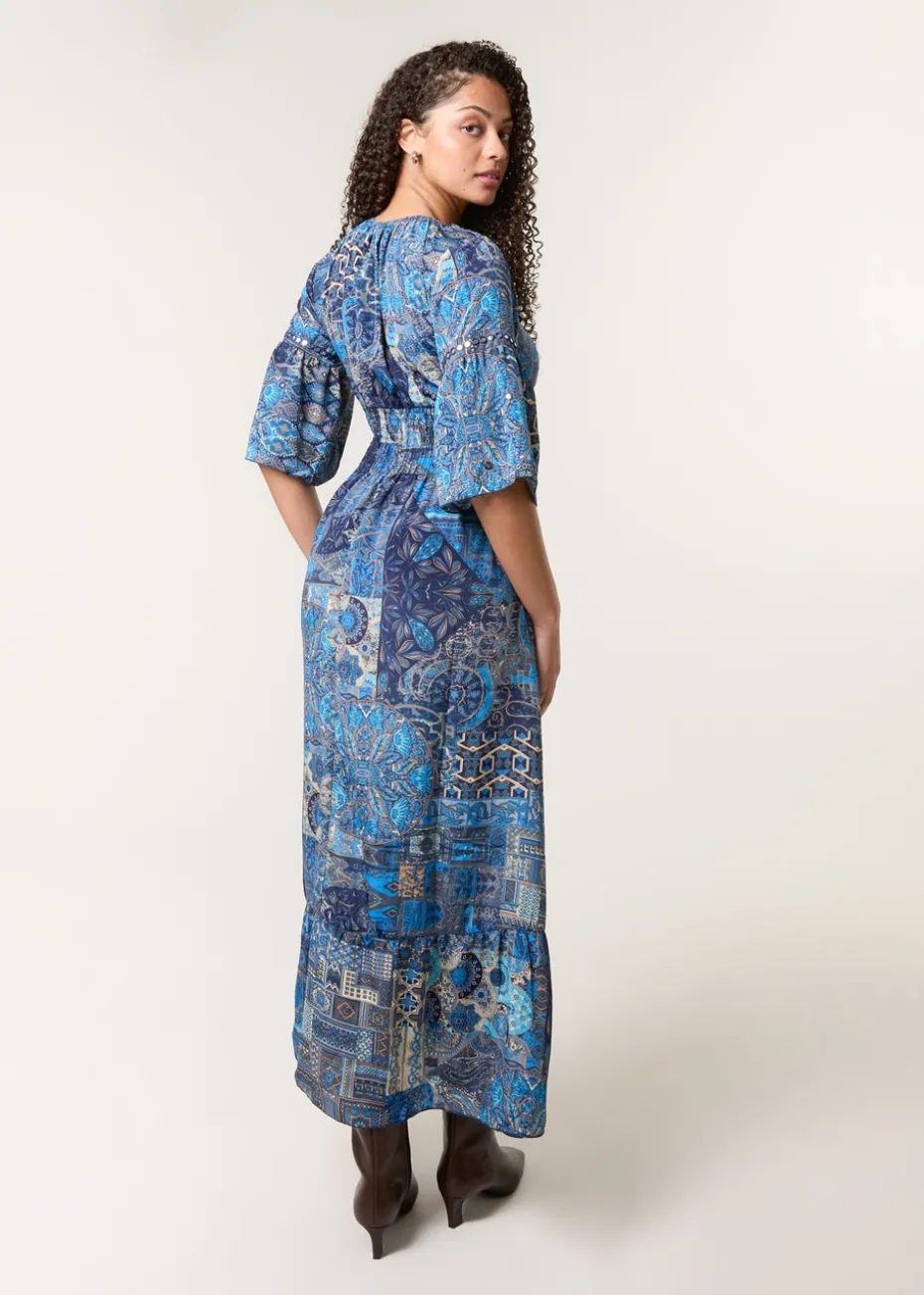 Blue Vanilla Blue Embellished Sleeve V Neck Maxi Dress